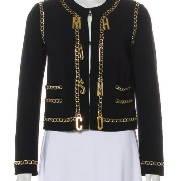 Moschino Black Jacket Gold Chain Logo LetterS TRIM Couture Italian IT40 USA 6 - Picture 5 of 13